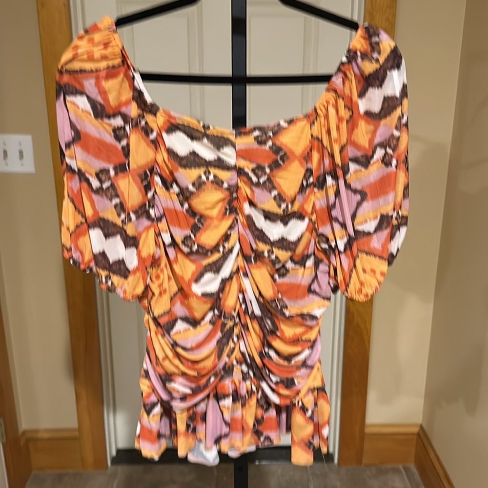 DR2 by Daniel Rainn women’s Puff Sleeve Ruched Mesh Peplum Top - Picture 10 of 11